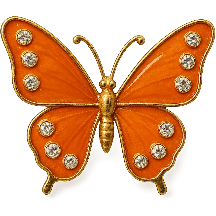 single orange butterfly, orange enamel, sparkling gems, transparent background emoji