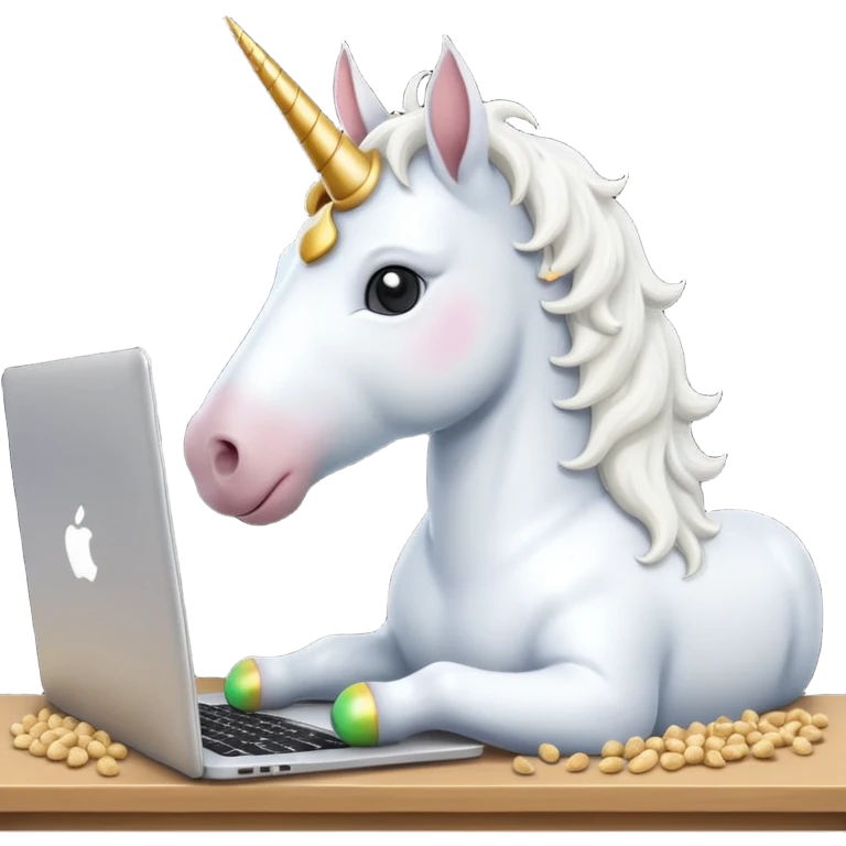 Unicorn coding on a laptop, with peanuts all over the computer emoji