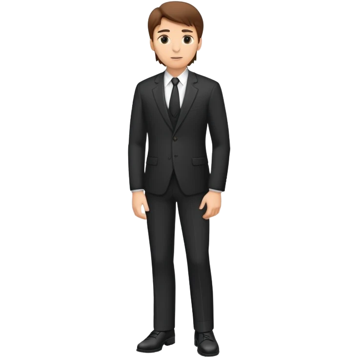 Caucasian male, brown hair, standing wearing dark suit and shoes, with hands on hips emoji