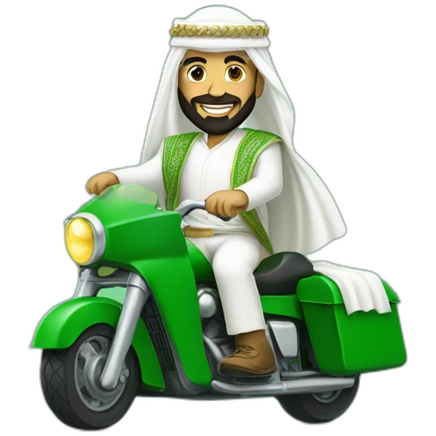 prince from Saudi Arabia with a beard in a white  shemagh national headdress riding  on a green tank, smiling emoji