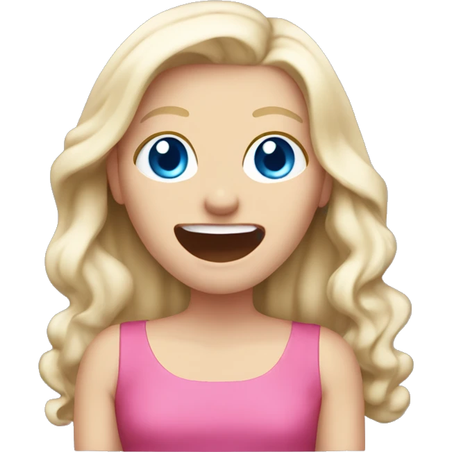 White girl. Long white blonde hair. Blue eyes. Pink dress. Hand in front of mouth laughing  emoji
