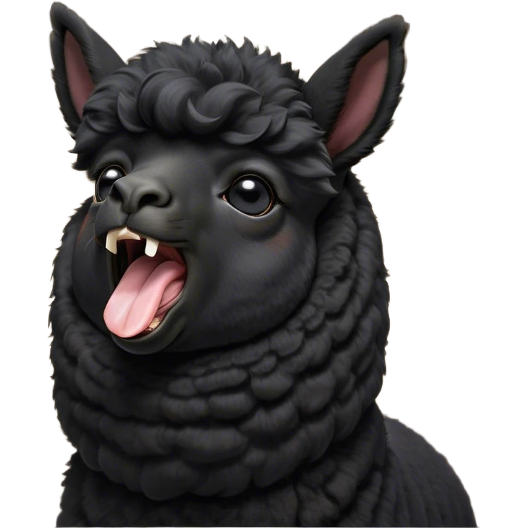 Cinematic Cute Yawning Black Alpaca Portrait Emoji, Head tilted slightly with a dramatic, wide-open yawn, showcasing a soft, plush jet-black fleece with gently drooping ears, round dark eyes barely open in drowsy contentment, Simplified yet irresistibly adorable features, highly detailed, glowing with a soft, cozy glow, high shine, relaxed yet expressive, stylized with a touch of whimsy, bright and endearing, soft glowing outline, capturing the essence of a sleepy yet affectionate alpaca, so drowsy it feels like it could stretch out of the screen and curl up for a nap! emoji