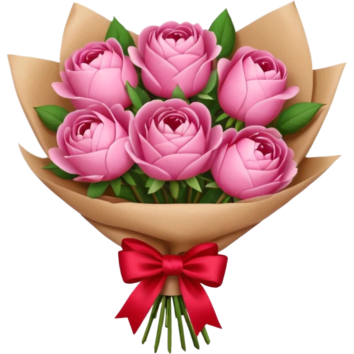 Bouquet of pink flower like rose and peony wrapped in kraft paper with red bow emoji