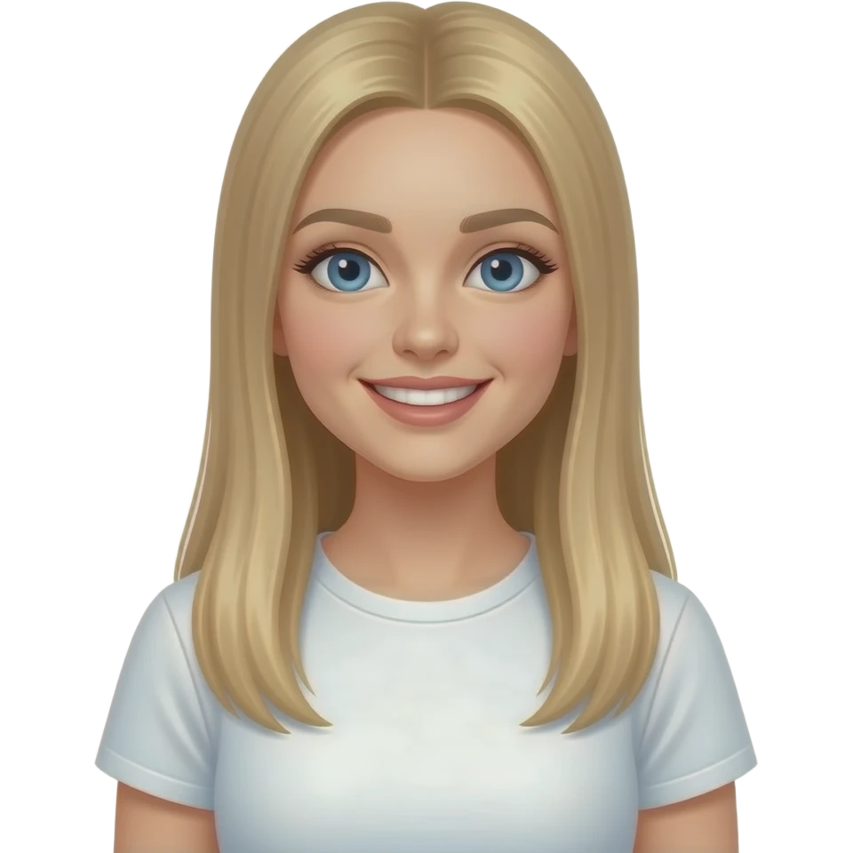 bella ragazza russa bionda capelli lisci lunghi e occhi chiari, con maglietta bianca e espressione felice molto emoji