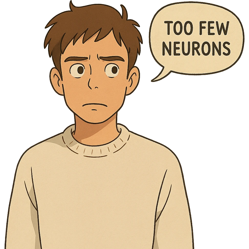 guy in a white jumper, speech bubble 'too few neurons' emoji