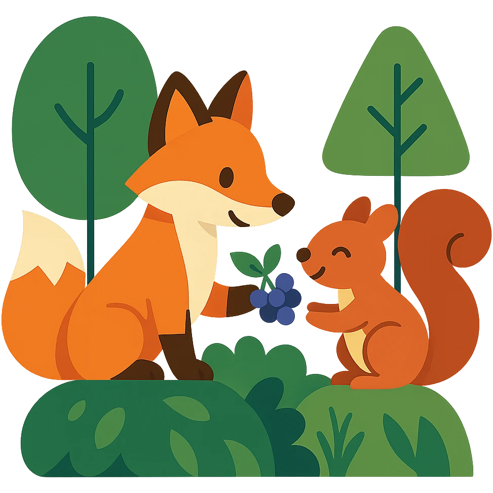 a fox and squirrel sharing berries, forest friendship scene emoji