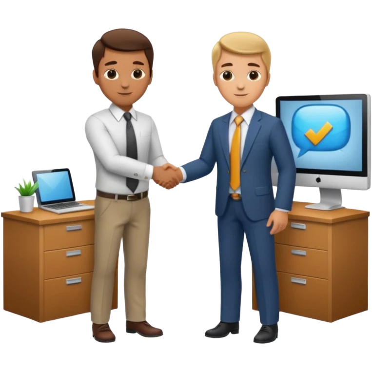 a video editor handshaking with a castomer. customer wears suit and tie but video editor wears shirt and trouser. they are handshaking inside a corporate office. emoji