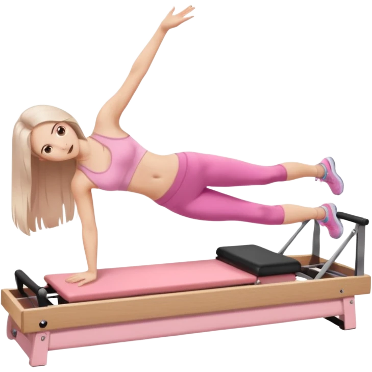pretty white brunette teen long hair with hazel eyes and a small waist in light pink workout clothes in a plank on a pilates reformer emoji
