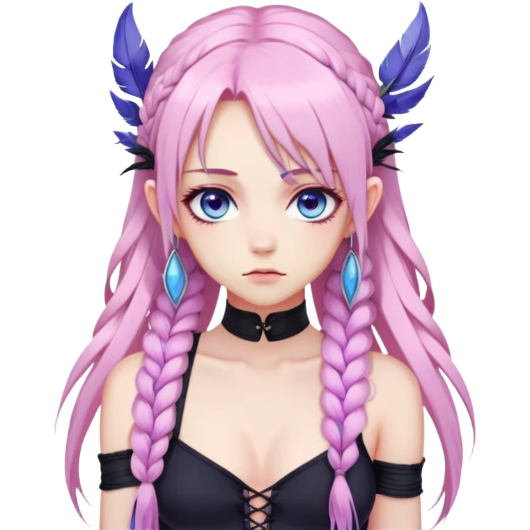 Gorgeous beautiful pretty grumpy anime lady long-pale-pastel-pink-hair with one braid on each side, hanging purple feather-ear-cuffs with pink tips in hair, black bodysuit, blue eyes, pink iris, ethereal, fashion aesthetic  emoji