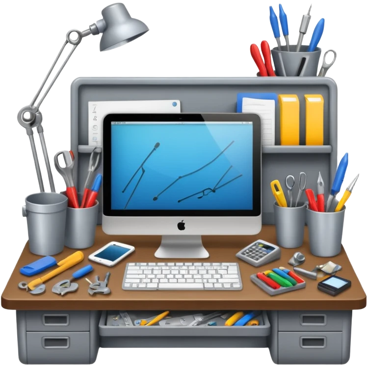 雜亂的工程師桌面，背景透明 emoji