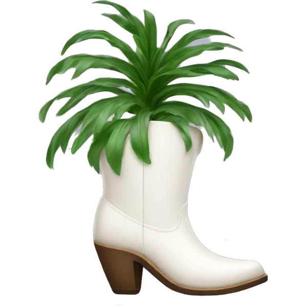 White cowgirl boot vase growing a palm emoji