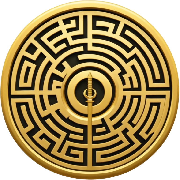 A vertical sword in the center of a circular maze, inside of which is embedded a thin astrolabe. The lines are strict, geometric, and symmetrical. The material is a dark metal (antimonium). The style is a minimalistic alchemical sign. emoji