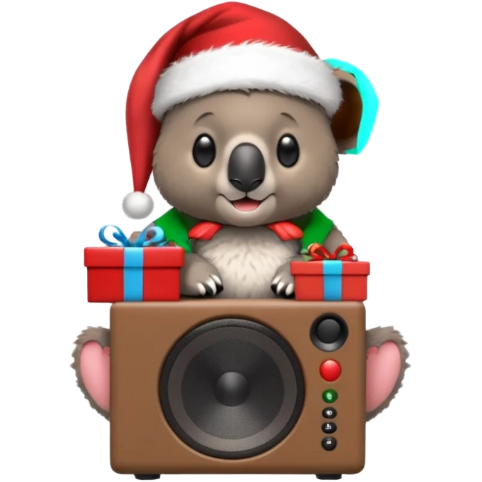 Koala sitting on toniebox speaker with a santa hat and presents around him, make the backroun festive emoji