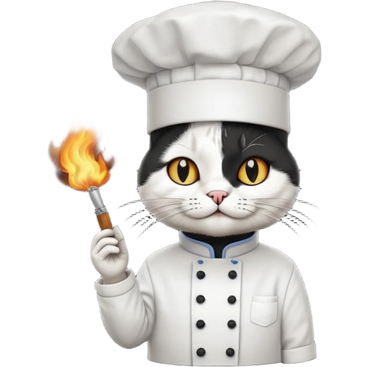 extra black chef cat wearing a tall white chef hat, burning hat emoji