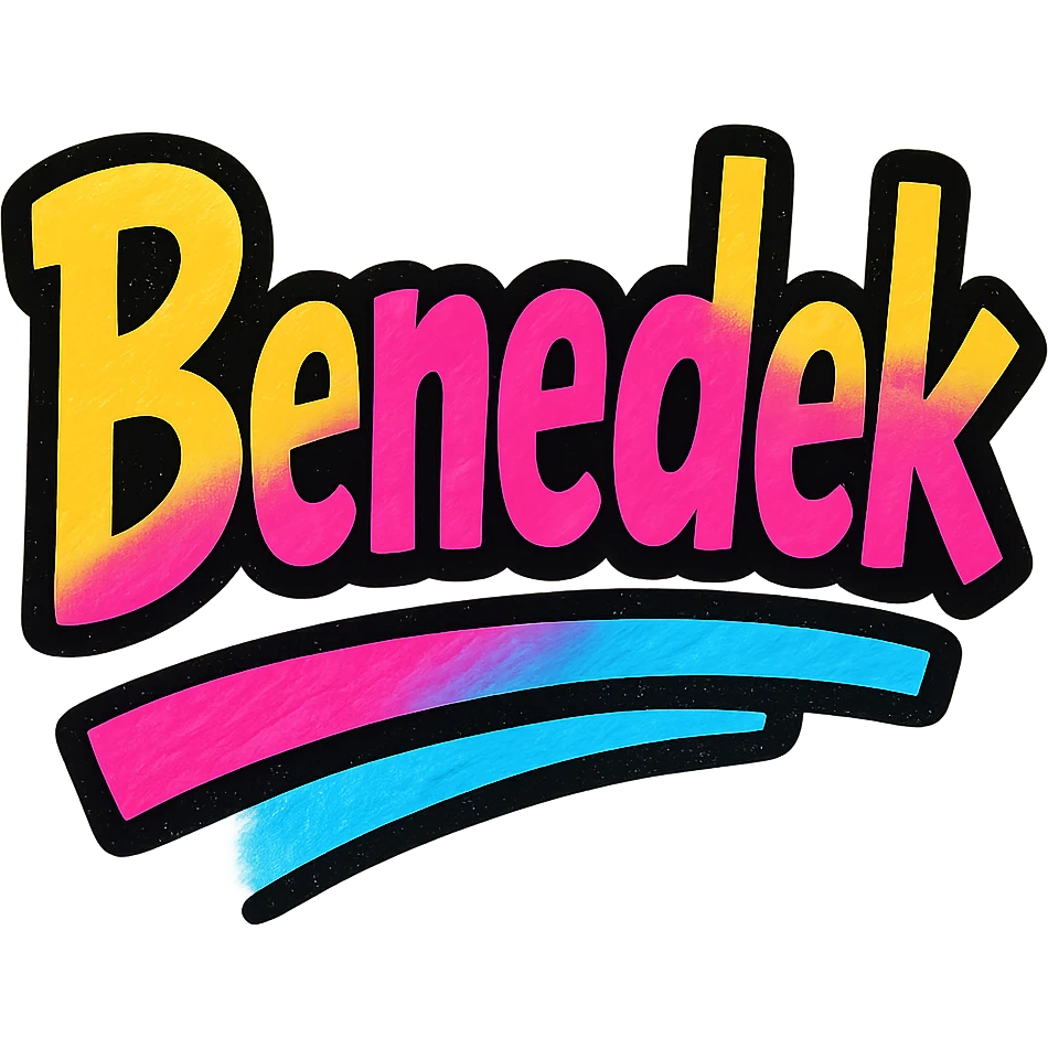 modern colorful gradient typography of the name Benedek with dark outline, dynamic slanted or partial underline, transparent background, in the style of sample images emoji
