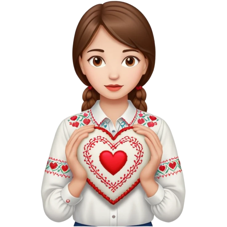 Beautiful young girl with brown hair in a white Ukrainian embroidered shirt holding a large embroidered heart emoji