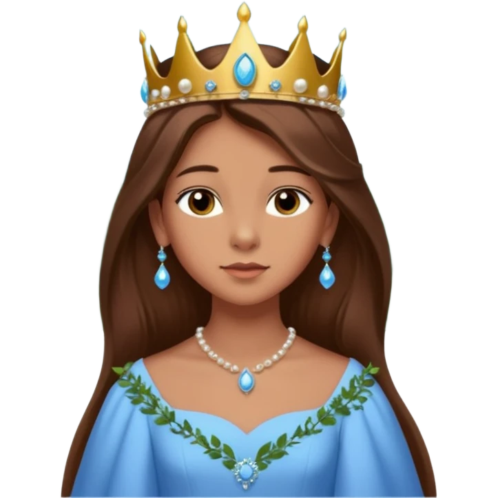 a 12 year old girl with shinny long brown hair and pretty green eyes that have long dark eye lashes wearing a sky blue gown in a beautiful forest with adorable animals and stunning roses and lilacs surrounding her as she smells the only sky blue rose she is also wearing a crown that has pearls emoji
