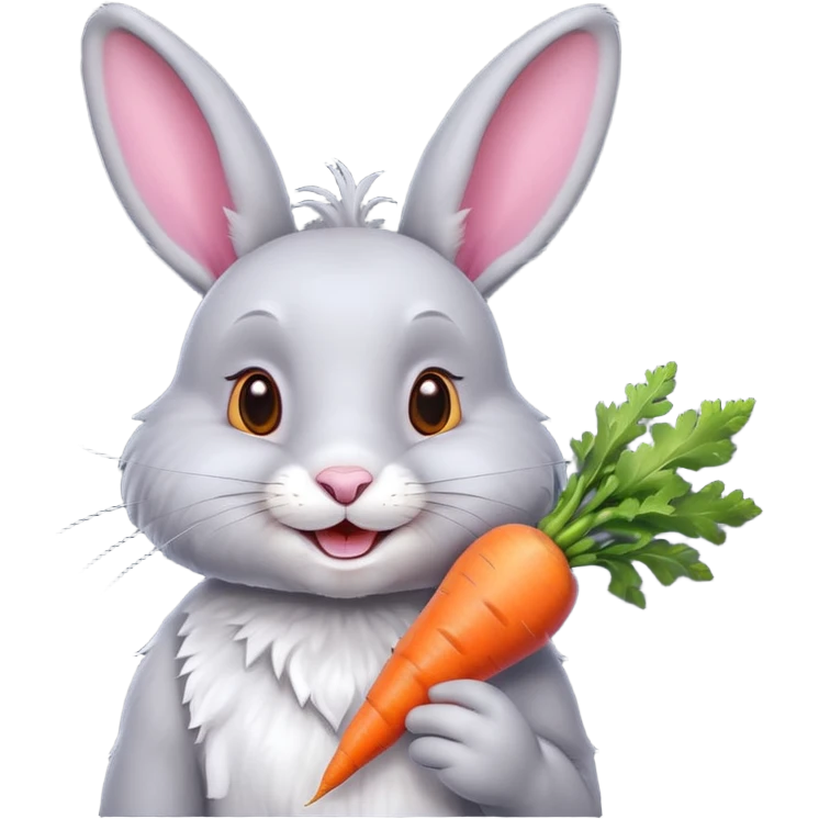 Grey rabbit, holding a carrot, grinning with joy
 emoji
