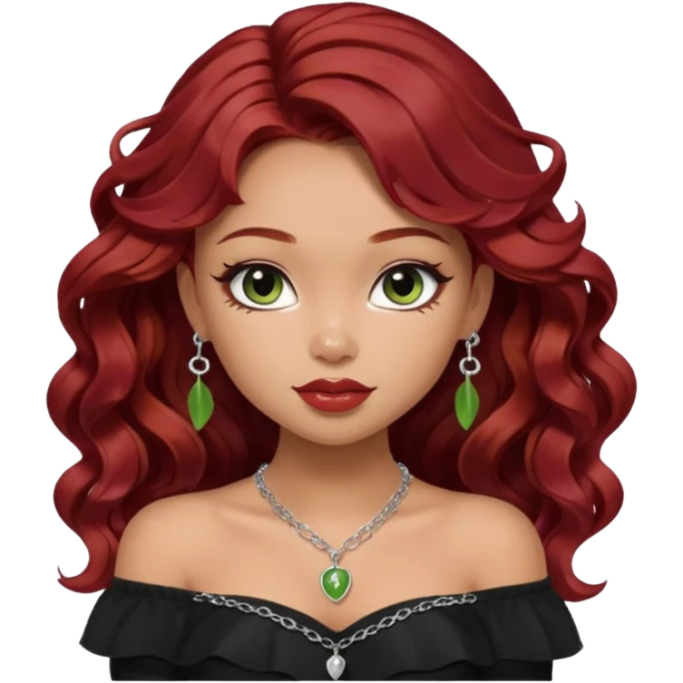 a pretty fair bratz girl with wavy dark red hair, wearing a black off shoulder top . silver dainty layered necklaces, carrying a matcha emoji