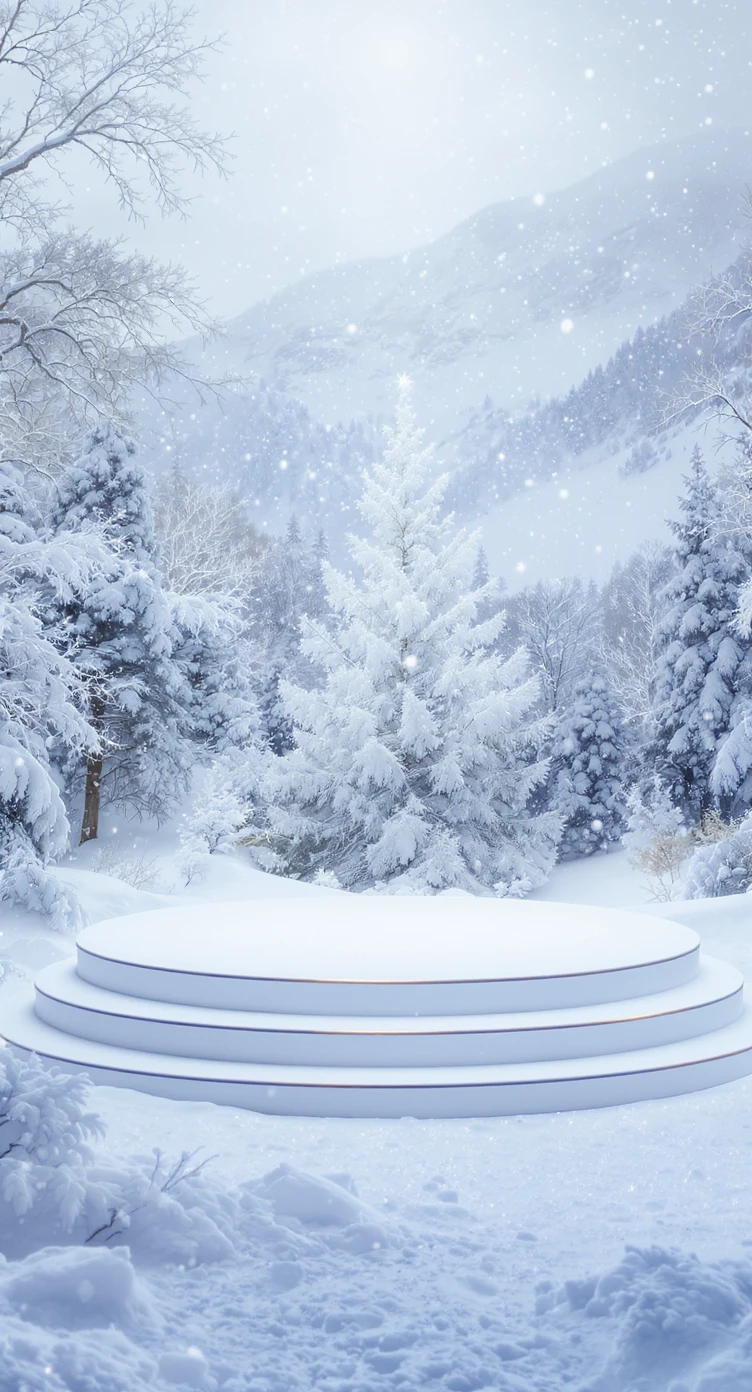 Cinematic still of a winter landcape, white circle stage on middle, snowy,christmas tree in snow, in background we can see beautifull snowy landscape, soft light, symmetrical, day --no curtains emoji