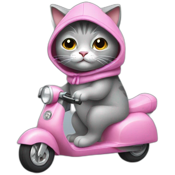 A gray stuffed cat. This cat is wearing a sleeveless sweater with a pink hood. He rides a scooter. emoji