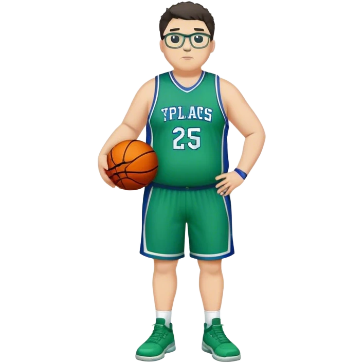 Full Body overweight white male with dark short spike hair basketball player wearing glasses wearing blue and green uniform emoji