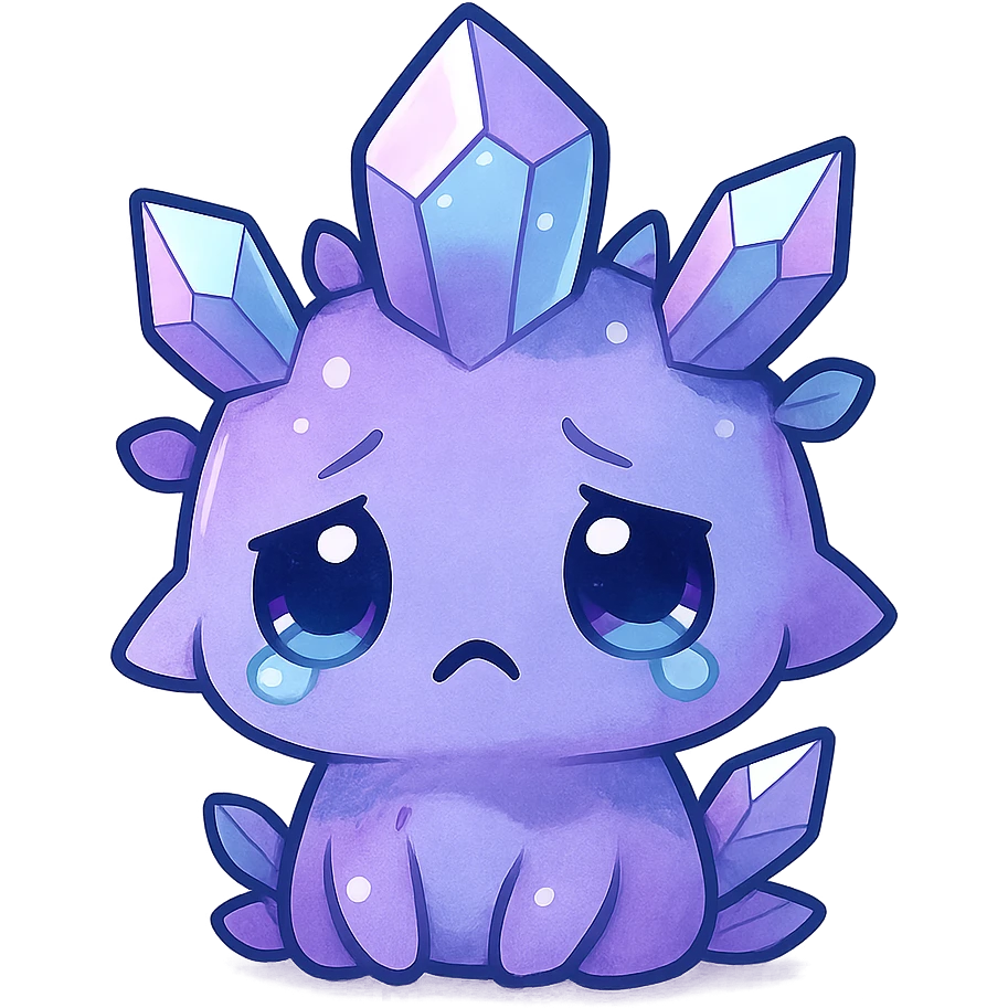 chibi kawaii crystal sprite creature, purple, blue, and pink colors, sad expression, cute and adorable, with crystal-like features emoji