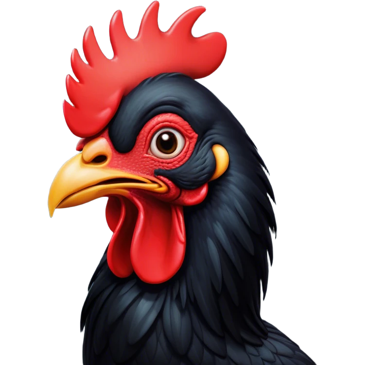 Cinematic Comical Black Rooster Portrait Emoji, Head tilted dramatically with an exaggeratedly shocked or amused expression, featuring a striking pure black plumage with a bold red comb, wide, expressive eyes filled with playful disbelief, Simplified yet hilariously expressive features, highly detailed, glowing with a slightly sassy glow, high shine, dramatic yet playful, stylized with an air of cheeky mischief, bright and endearing, soft glowing outline, capturing the essence of a spirited and over-the-top rooster, so meme-worthy it feels like it could crow its way into internet fame instantly! emoji