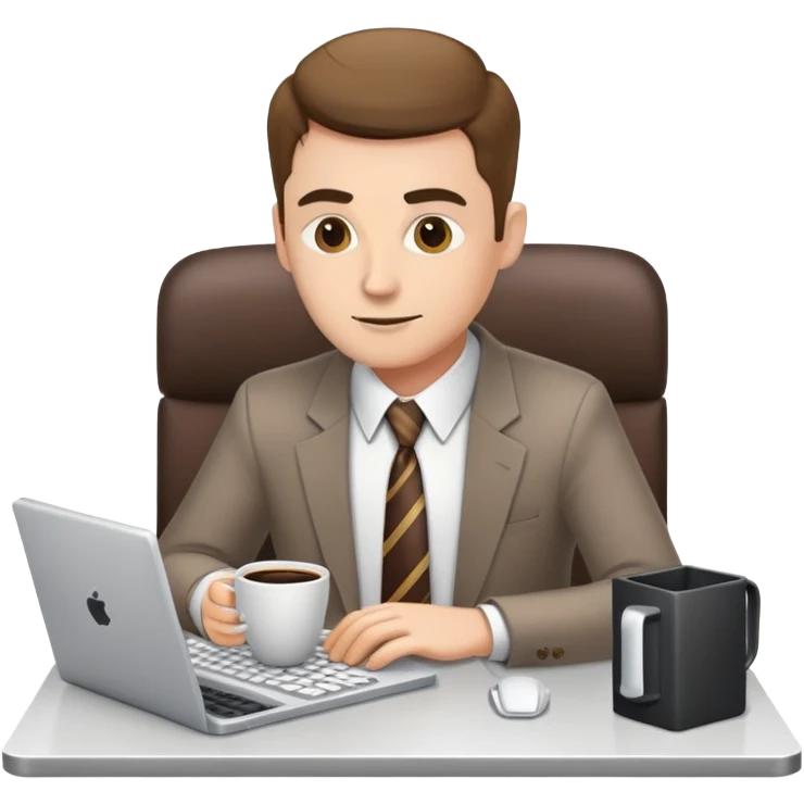 white journalist man in shirt and tie, typing on a computer, coffee cup nearby emoji