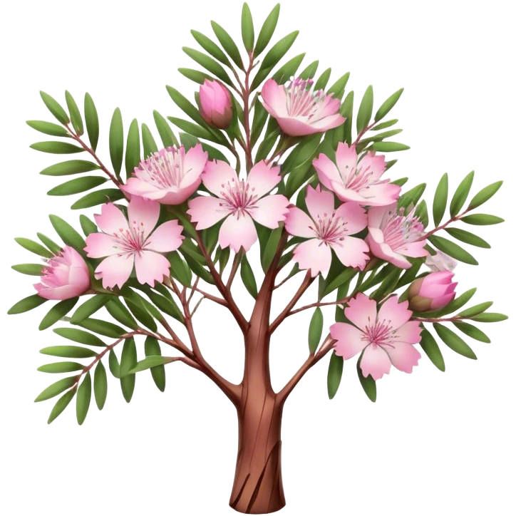 Cinematic Realistic Melaleuca Emoji, Elegant and resilient, with peeling, papery bark and delicate, needle-like leaves. The tree stands tall and graceful, with clusters of white and pink flowers dotting the branches. Soft glowing outline, capturing the essence of natural elegance and resilience in a beautiful melaleuca tree! emoji