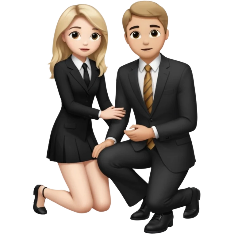  Sabrina carpenter kneeling down wearing a black dress with a tie, putting her hand on man’s leg who is standing  emoji