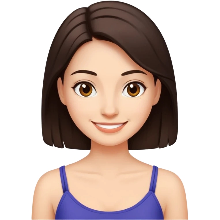 Uma mulher com cabelos castanhos escuros  e com um decote fino na mini blusa e sorrindo  emoji