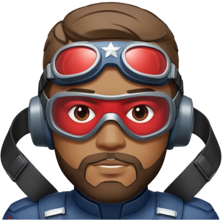 sam wilson with a very short hair close to the scalp and  a well-groomed beard that connects to his mustache,  wear sleek, red-tinted tactical goggles fit snugly from captain america: civil war emoji