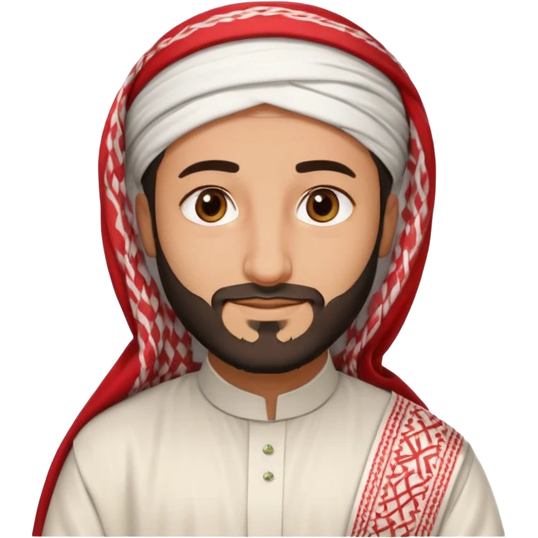 detailed iPhone-style emoji of a Saudi man resembling Crown Prince Mohammed bin Salman, soft round cartoon face, short beard, gentle brown eyes, calm confident smile, wearing traditional white thobe, red-and-white shemagh with black agal, both hands gently visible emoji