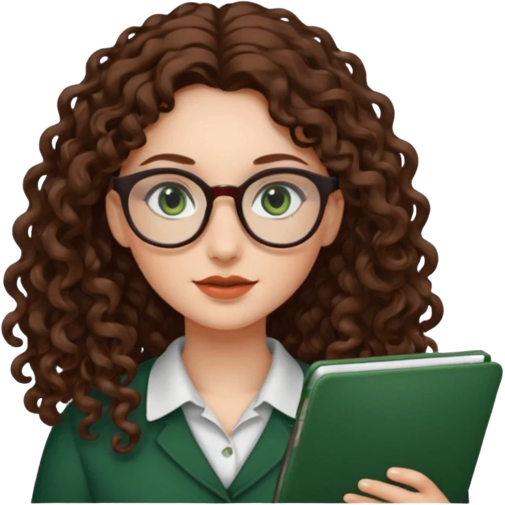 rapariga, olhos verdes escuros, cabelos compridos aos caracóis, com óculos emoji