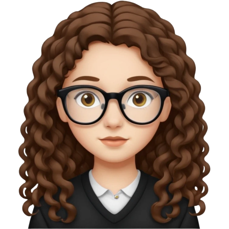 white teen girl with long brown curls, hazel eyes, and black frame glasses emoji