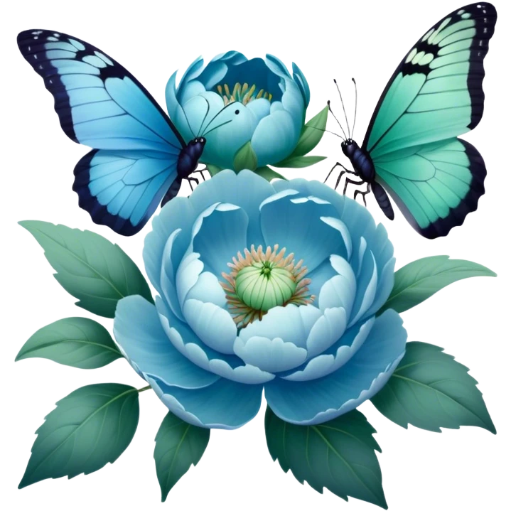 A soft pastel-toned painting of blue peonies and a green butterfly, inspired by vintage floral art. emoji