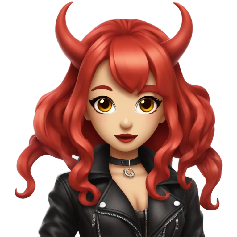 demon hime gyaru girl, red hair, devil horns, leather coat emoji