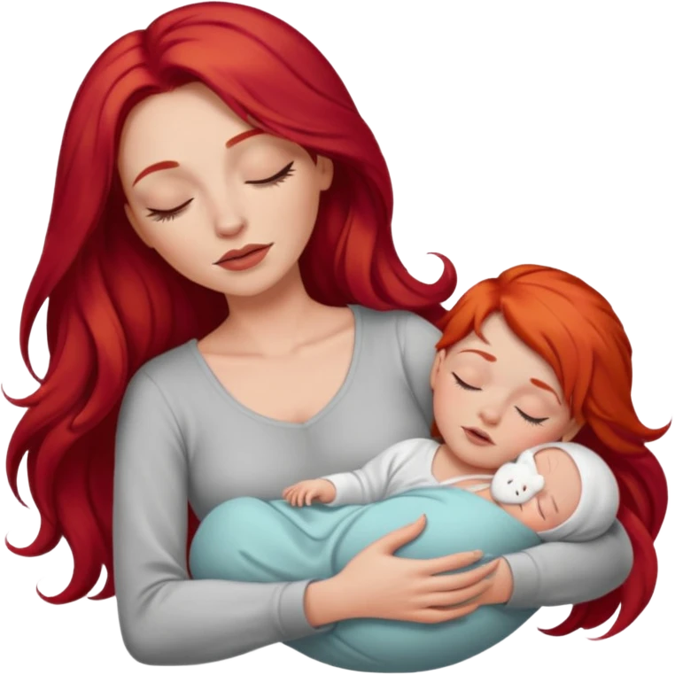White woman with long red hair and makeup holding one sleeping baby emoji