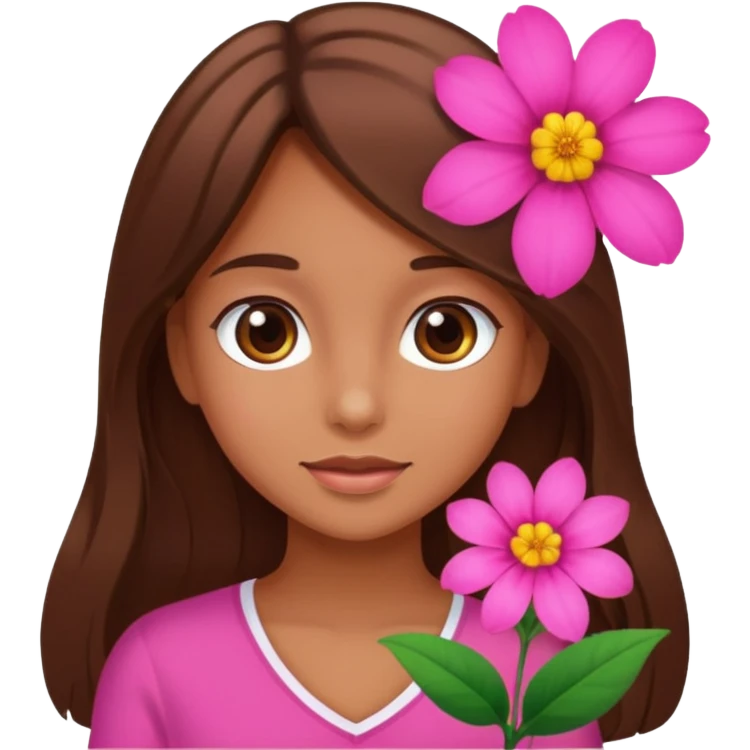 A tanned girl's face waved long brown hair with pink flower emoji