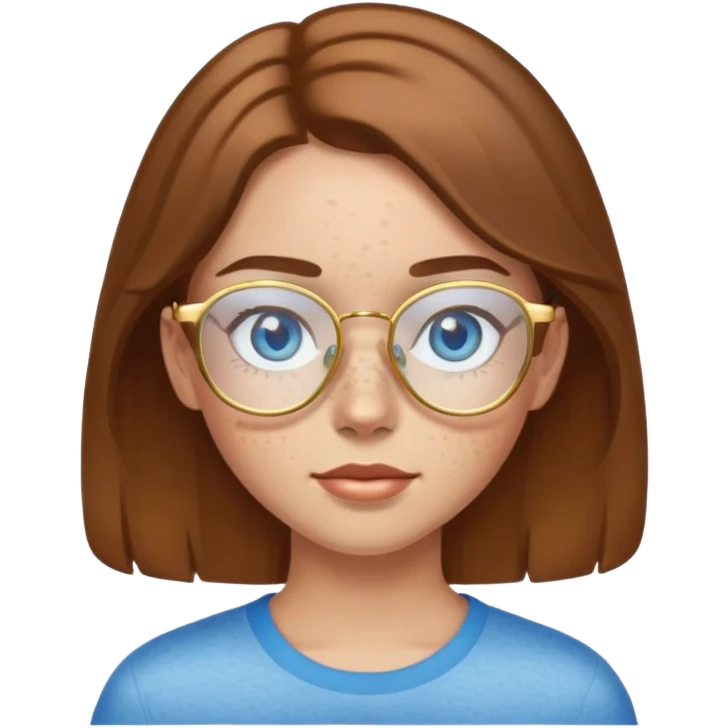 Girl with light skin, brown hair, blue eyes, freckles, and gold glasses emoji