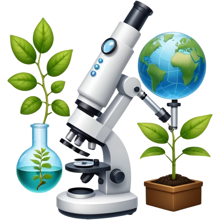 An icon featuring a DNA helix, a microscope, and a plant leaf, symbolizing biology. The design includes animal cells, a test tube, and a globe, representing the study of life forms, ecosystems, and genetics. Transparent background highlights the exploration of living organisms. emoji