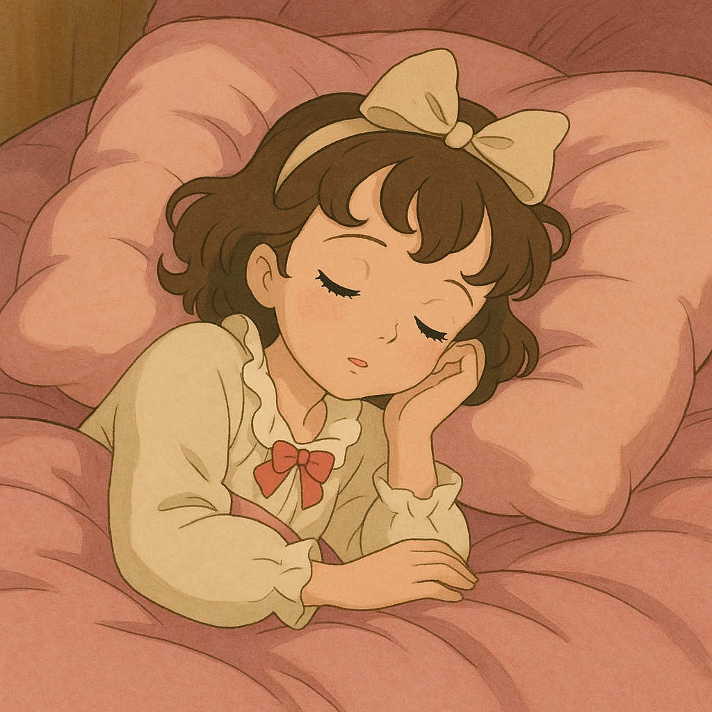 coquette girl sleeping in a pink soft bed, ghibli style emoji
