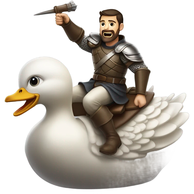 Confident armored White Man with dark brown hair and a short beard pointing forward with one arm yelling a battle charge while riding on the back of a giant duck emoji