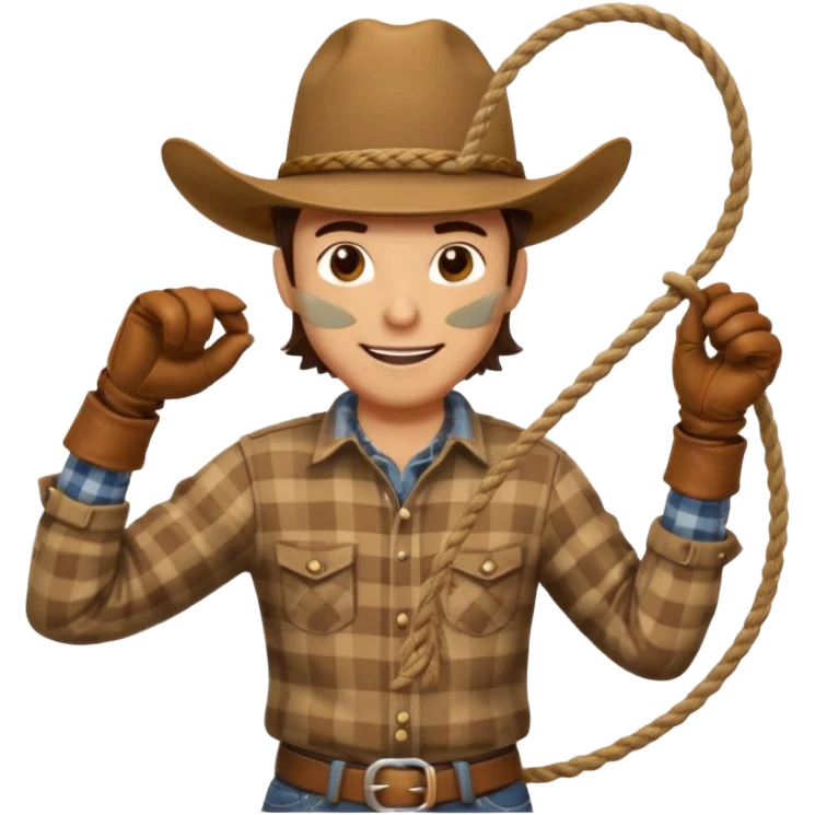 A cowboy with wide-brim hat, plaid shirt, and relaxed grin while twirling a rope.
 emoji