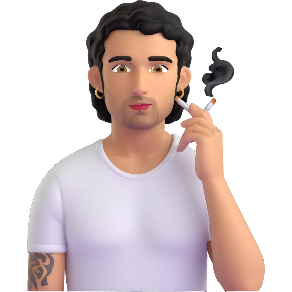 Italian man with tanned skin, curly black hair in short bob style, stubble, olive eyes, gold earring in left ear, white t-shirt, black tattoo on forearm, smoking cigarette emoji