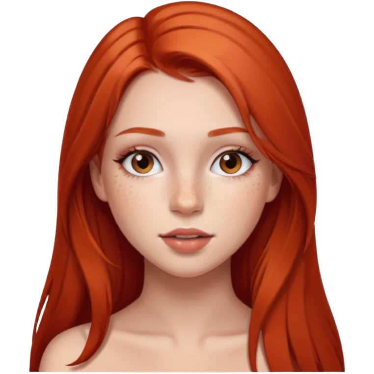 una chica con pose divertida de 18 años con los labios con pintalabios nude y los ojos maquillados, de piel blanca con el pelo liso, largo y pelirrojo, ojos marrones emoji
