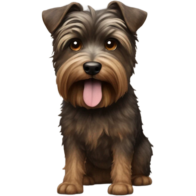 a dark dark brown haired brindle color terrier with crazy hair and long chin hair name Bon Jovi emoji