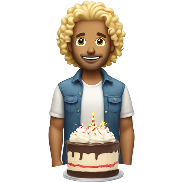  Blonde curly mullet white man standing over a birthday cake emoji