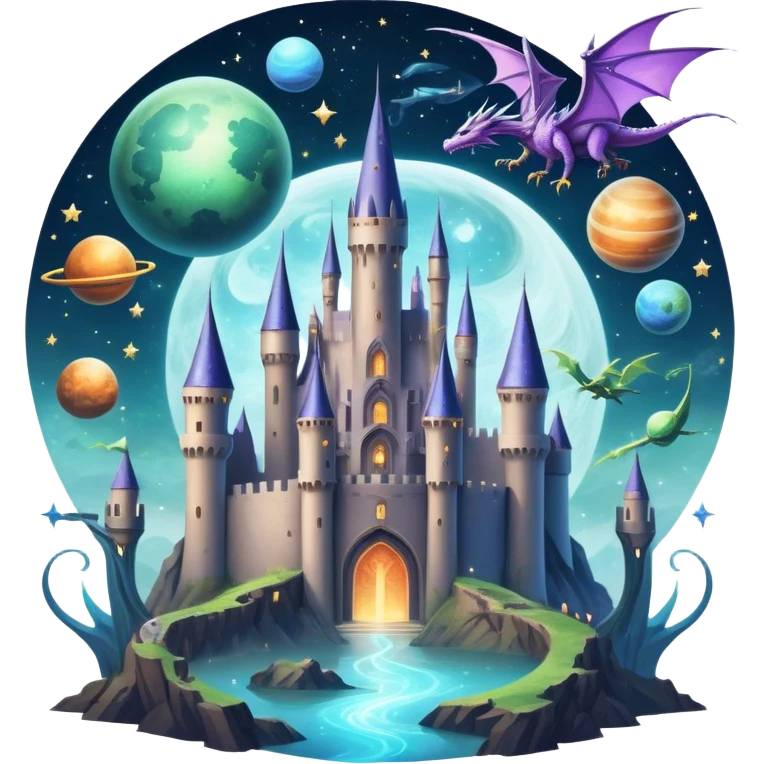 Icon for Fantasy and Sci-Fi Movies: A magical collage with flying dragons and futuristic spaceships. Stars and planets shimmer in the background with a mystical castle Hogvards and an ancient wizard holding a staff. The atmosphere is epic, otherworldly and adventurous. Transparent background. emoji